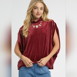 Umgee Crushed Velvet 70s Mock Neck Retro Shirt Oversized Top Sleeveless Blouse